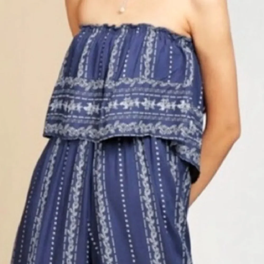 Japna Blue Striped Strapless Ruffle Top Boho‎ Crop Flare Jumpsuit Large